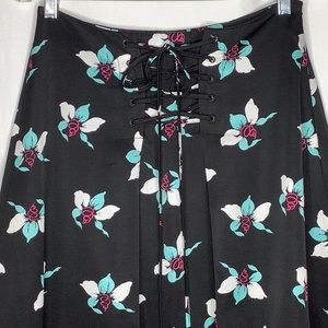 Anthropologie Maeve Zadie Black/ Noir Floral Print Lace Up Midi Skirt Size 4
